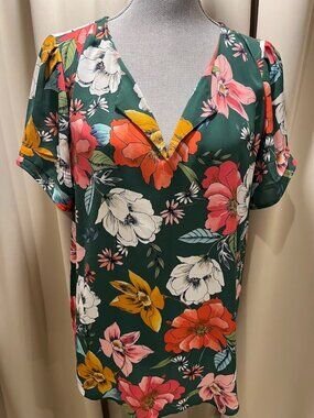 DR 2Green, Pink Orange and White Tropical Print Short Sleeve Woven Polyester Top